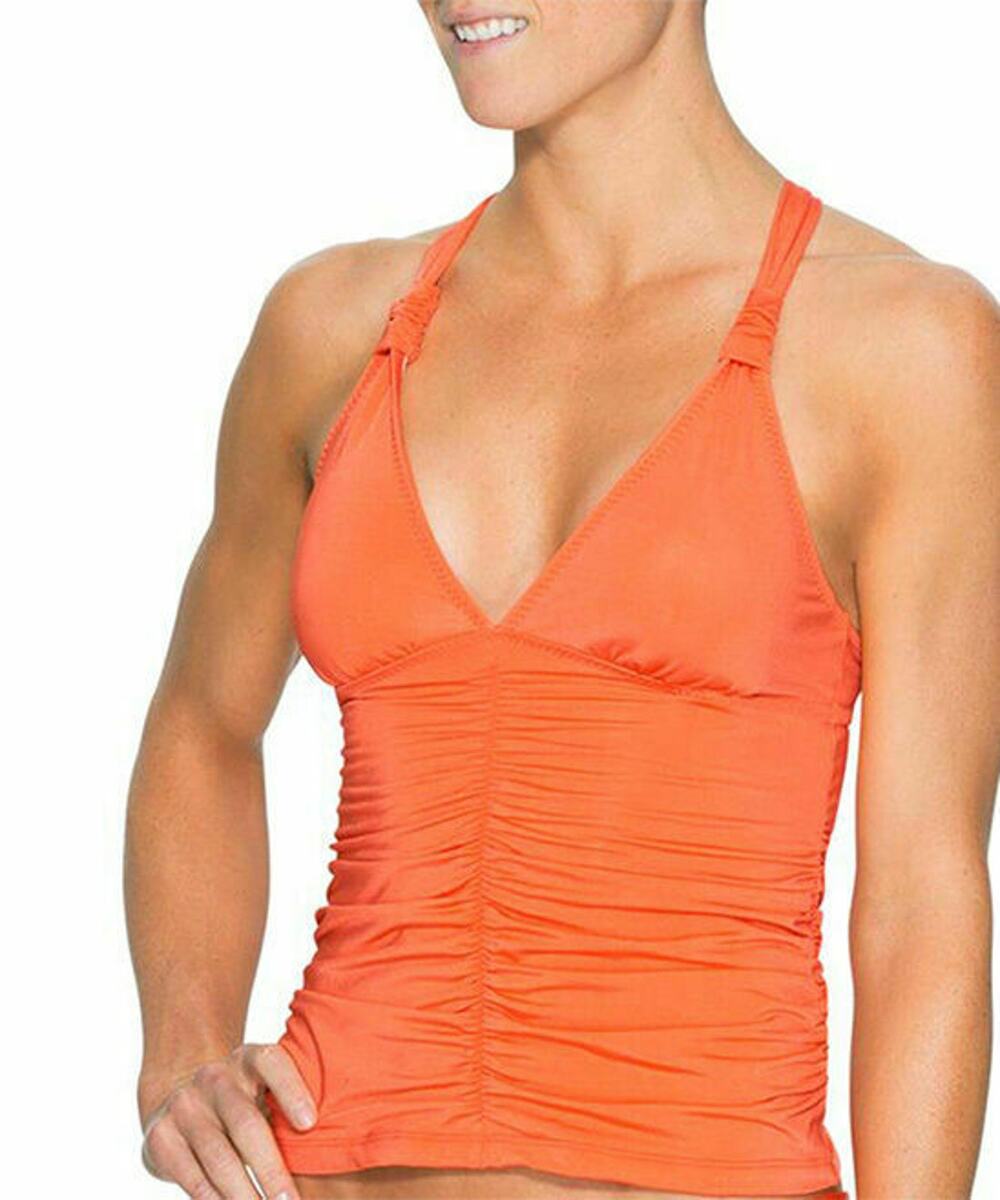Athleta Aqualuxe Tankini Swim Top S Coral Sunset Orange Ruched Deep V